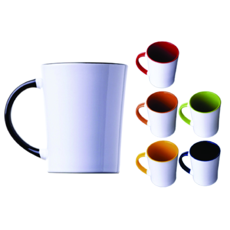 TARRO DE CERÁMICA FORMA CÓNICA, ASA E INTERIOR DE COLOR. C079